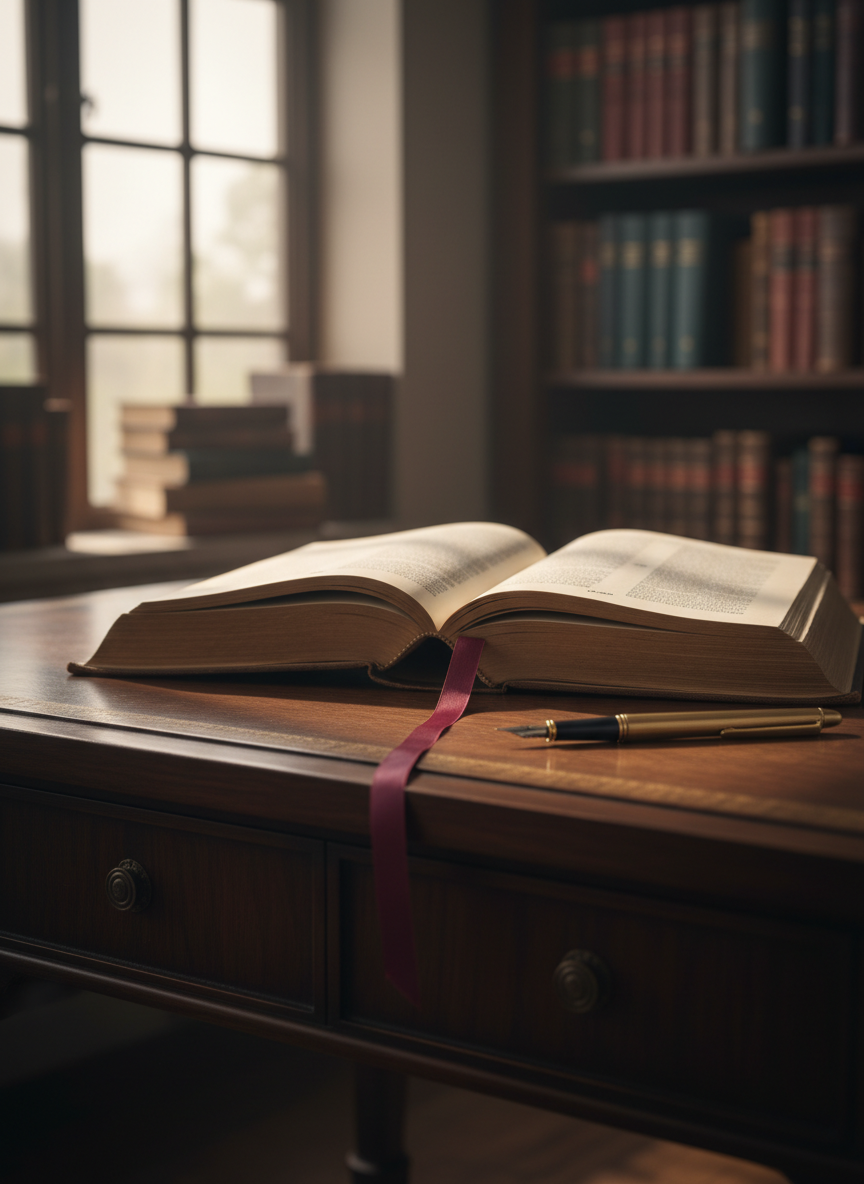 A meticulously arranged wooden writing desk made of dark walnut, its surface smooth and subtly reflective, holding an open leather-bound theological volume with gilt-edged pages fanned gently. A finely crafted brass fountain pen rests diagonally across the margin, and a single bookmark ribbon in deep burgundy drapes over the edge. The desk stands before a tall mullioned window where soft morning sunlight filters through, casting gentle, elongated shadows and golden highlights on the page’s delicate paper texture. In the background, an out-of-focus wall of books in rich, muted tones creates intellectual depth. Photographic realism, shot at eye level with a shallow depth of field, conveys a serene, contemplative atmosphere and a sophisticated, scholarly aesthetic suitable for a theology-focused nonprofit.