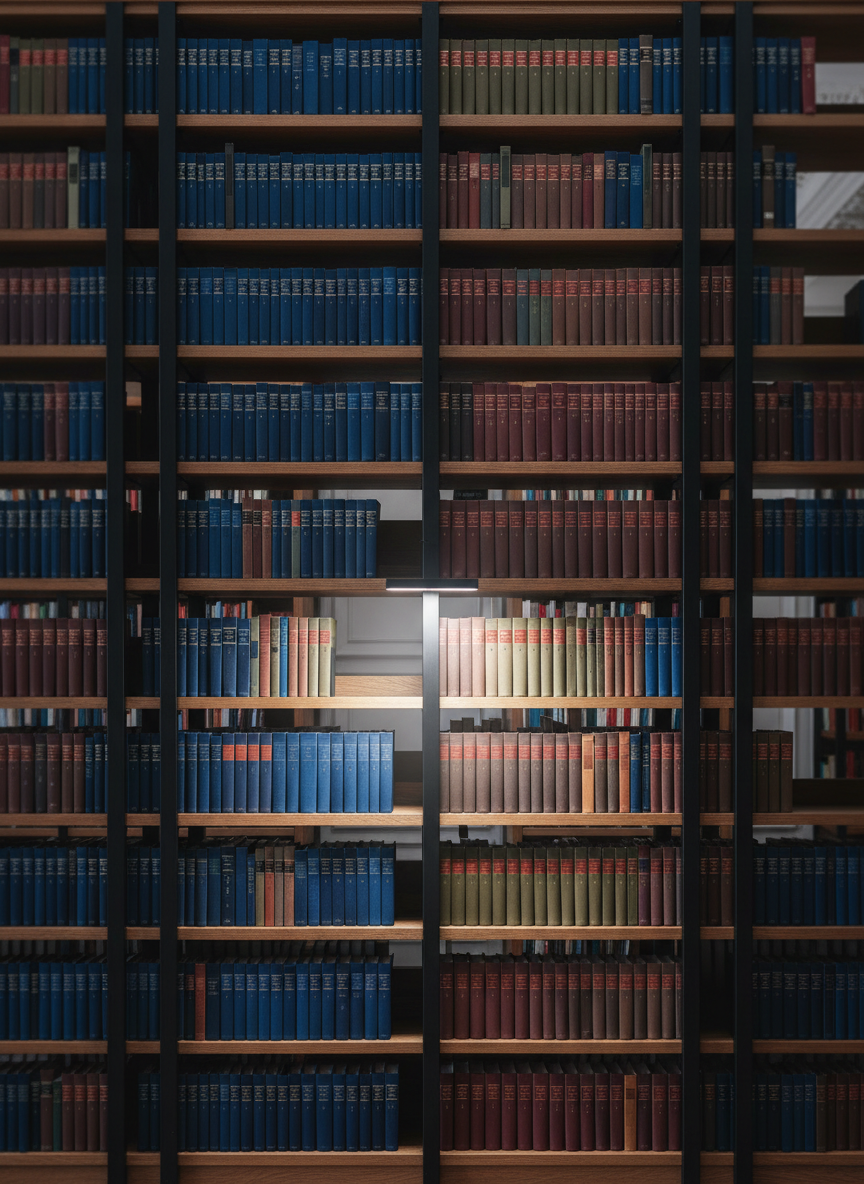 An expansive floor-to-ceiling bookshelf crafted from matte black steel and warm oak shelves, filled with carefully ordered hardcover volumes in deep blues, maroons, and earth tones, each spine embossed with subtle gold lettering. At the center, a single empty shelf glows with understated significance, illuminated by a narrow shaft of diffused overhead light that creates soft gradients and gentle shadows. The surrounding library walls dissolve into a tasteful blur, hinting at further shelves and architectural molding. Captured in photographic realism from a slightly low, centered angle with strong vertical lines, the composition suggests aspiration and the pursuit of wisdom, creating a calm, dignified, and intellectually refined mood aligned with sophisticated theological inquiry.